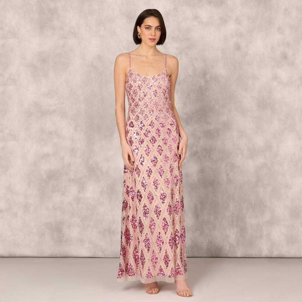 NWT Aidan Mattox Geometric Sequin Beaded Gown Scoop Neckline Pink Multi sz 16